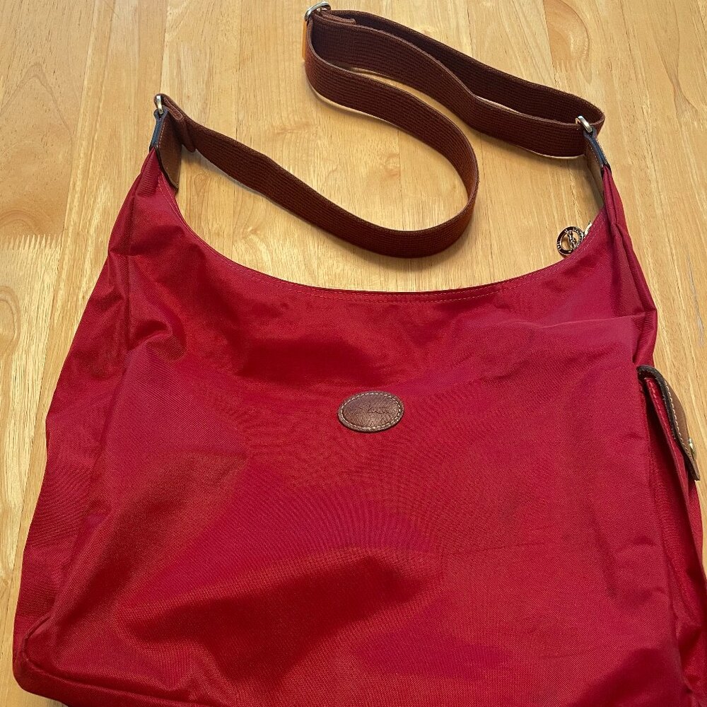 Longchamp Red Crossbody Shoulder Bag with Brown Strap